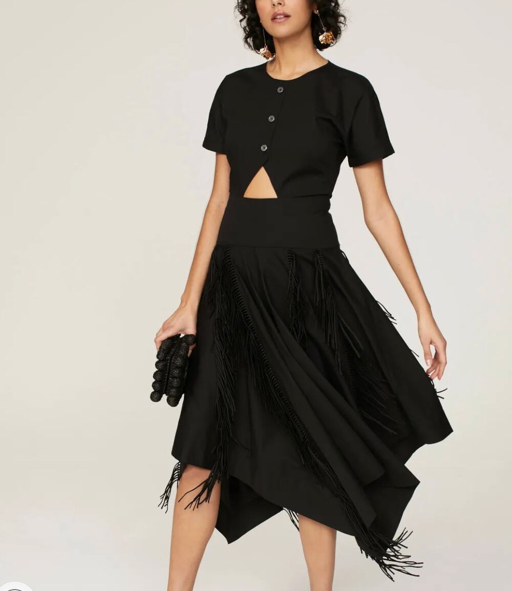 Bibhu Mohapatra Black Fringe Midi Shirt Dress Size 16 Western Designer $455
